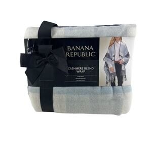 Banana Republic Cashmere Blend Blanket Wrap Skyler Plaid Blue Fringe Womens OS